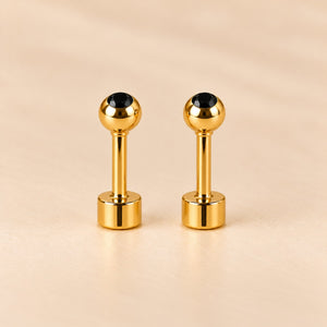 Black 18ct Gold Plated Tiny 4mm Ball Flat Back Coloured Stone Stud Earrings (Close-up Detail) | The Colourful Aura