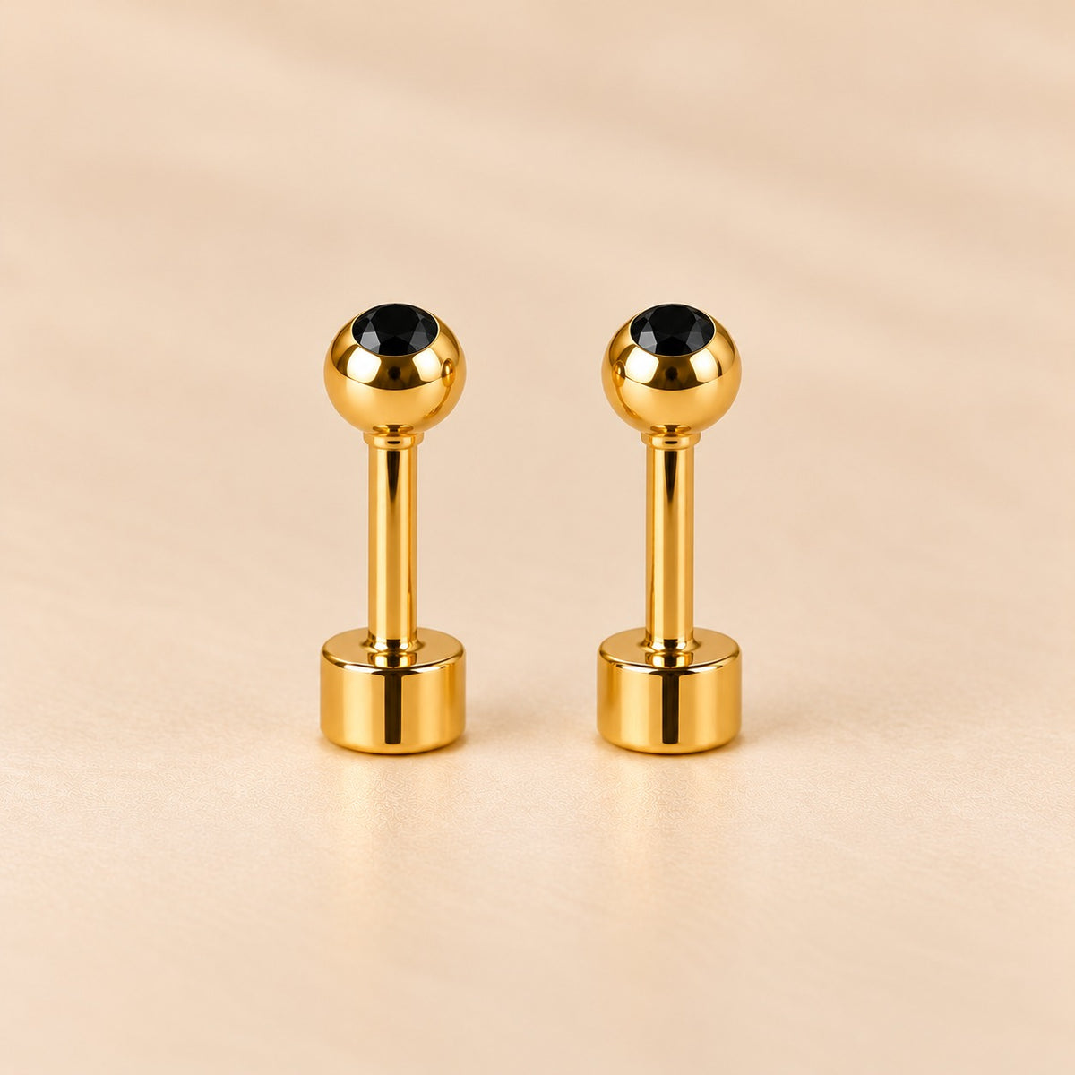 Black 18ct Gold Plated Tiny 4mm Ball Flat Back Coloured Stone Stud Earrings (Close-up Detail) | The Colourful Aura