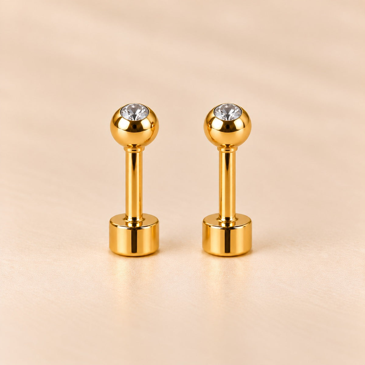 White 18ct Gold Plated Tiny 4mm Ball Flat Back Coloured Stone Stud Earrings (Close-up Detail) | The Colourful Aura