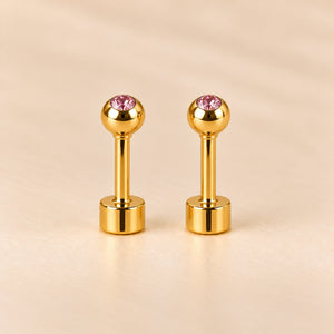 Pink 18ct Gold Plated Tiny 4mm Ball Flat Back Coloured Stone Stud Earrings (Close-up Detail) | The Colourful Aura