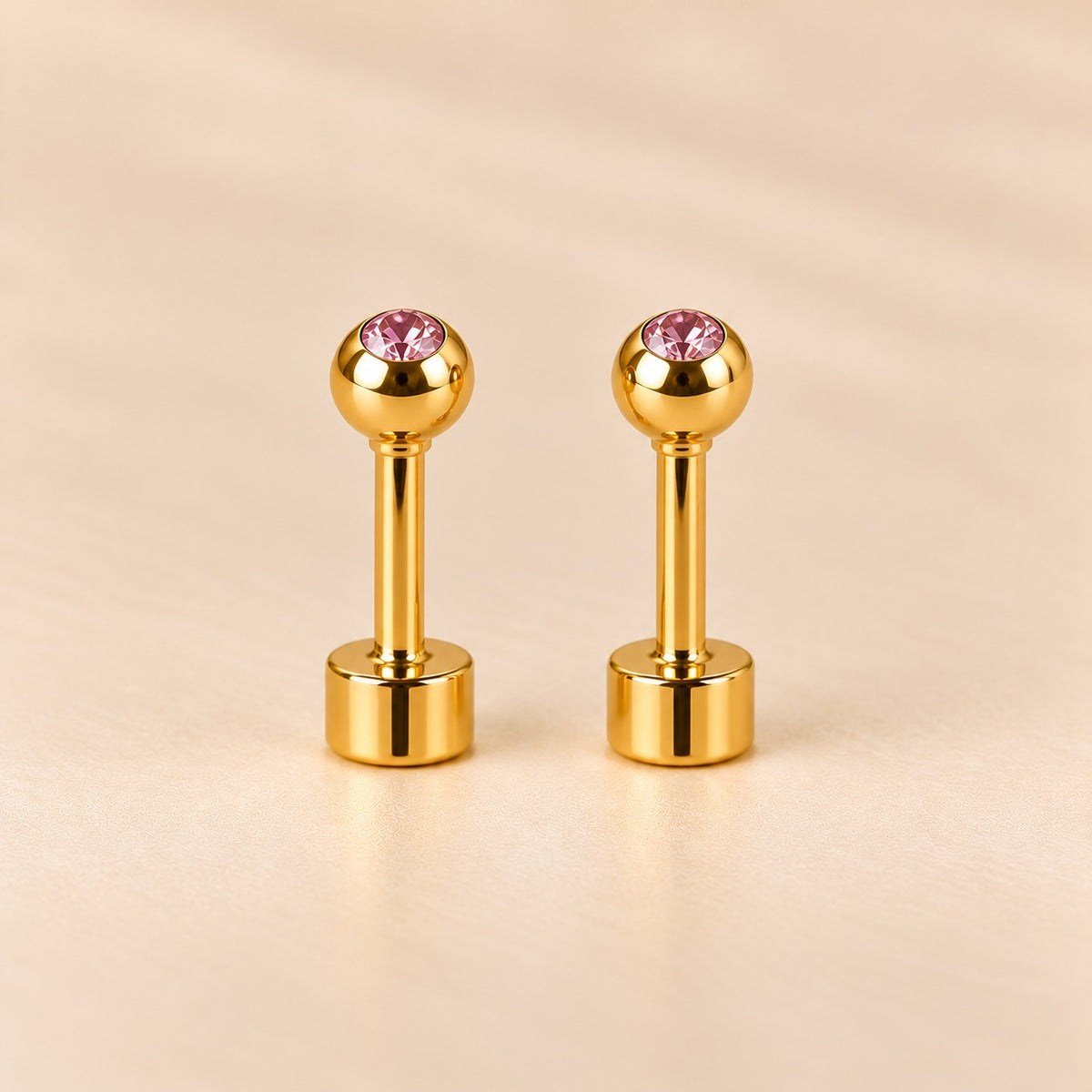 Pink 18ct Gold Plated Tiny 4mm Ball Flat Back Coloured Stone Stud Earrings (Close-up Detail) | The Colourful Aura