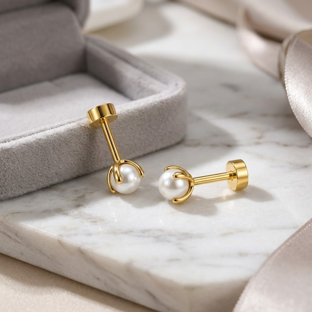 18ct Gold Plated Tiny 5mm White Pearl Flat Back Stud Earrings (Close-up Detail) | The Colourful Aura