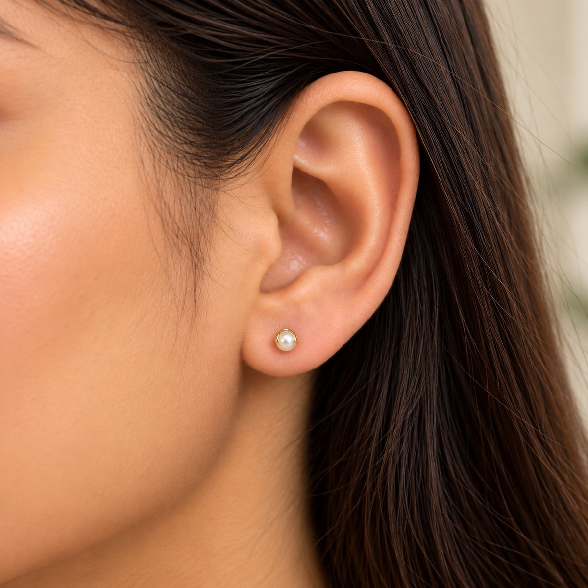 18ct Gold Plated Tiny 5mm White Pearl Flat Back Stud Earrings (Close-up Detail) | The Colourful Aura