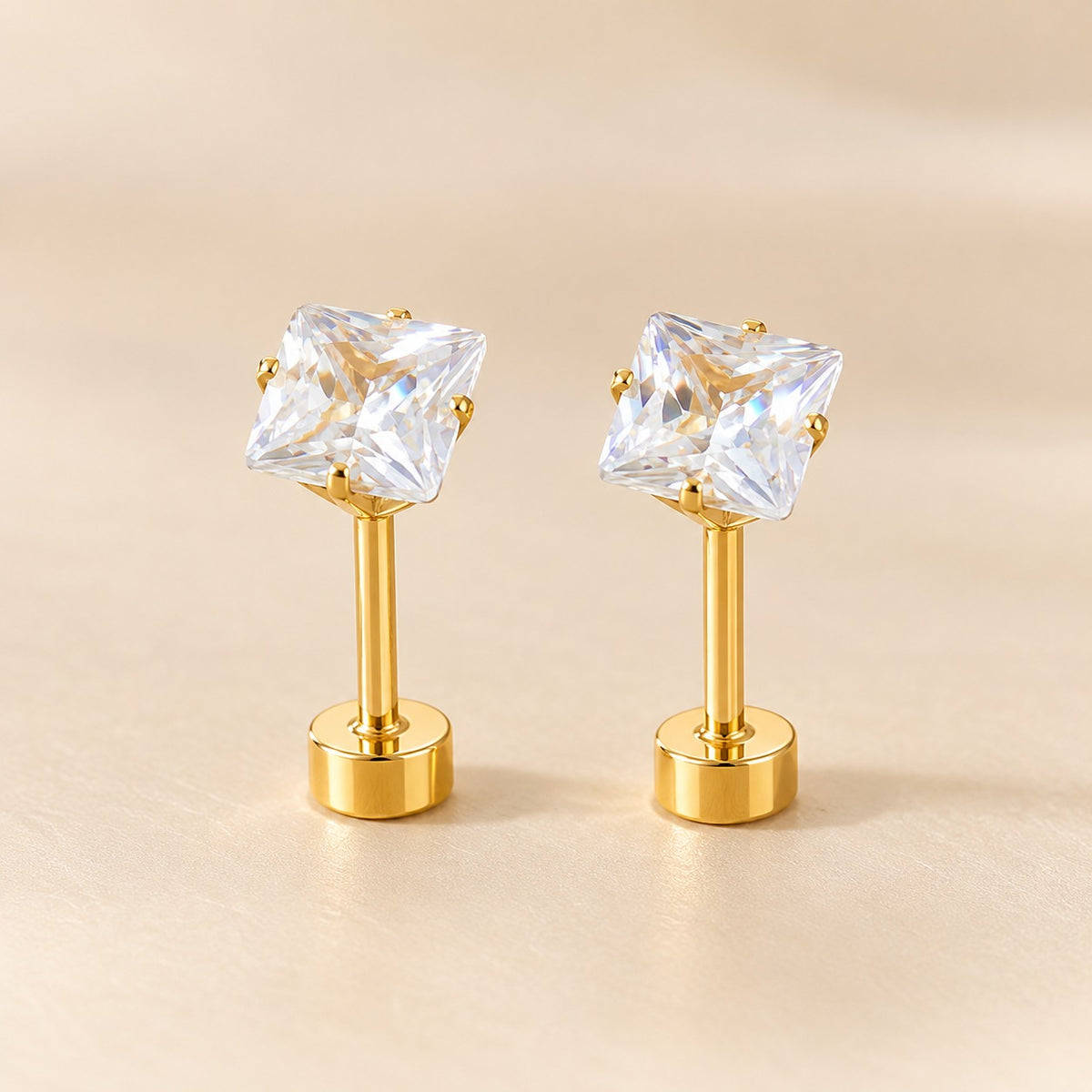 18ct Gold Plated Tiny 5mm Clear Square Zircon Flat Back Stud Earrings — Boho Jewellery UK | The Colourful Aura