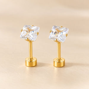 18ct Gold Plated Tiny 5mm Clear Square Zircon Flat Back Stud Earrings — Boho Jewellery UK | The Colourful Aura
