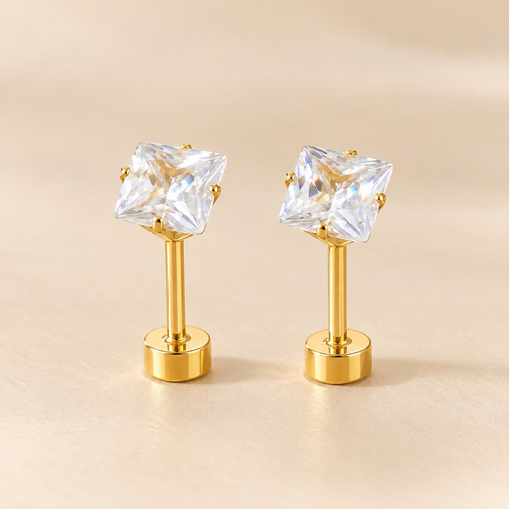 18ct Gold Plated Tiny 5mm Clear Square Zircon Flat Back Stud Earrings — Boho Jewellery UK | The Colourful Aura