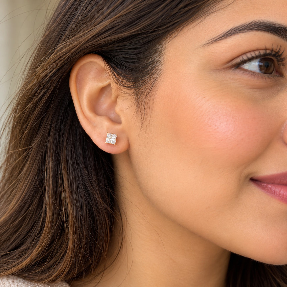 18ct Gold Plated Tiny 5mm Clear Square Zircon Flat Back Stud Earrings (Close-up Detail) | The Colourful Aura