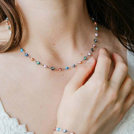 Silver Multicolour Adjustable Evil Eye Turkish Boho Devil Eye Protection Necklace (Close-up Detail) | The Colourful Aura