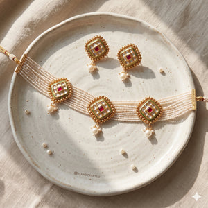 Traditional Ethnic Multi Strand Pearl Kundan Ruby Diamond Pendant Choker (Ceramic Tray Flatlay) | The Colourful Aura