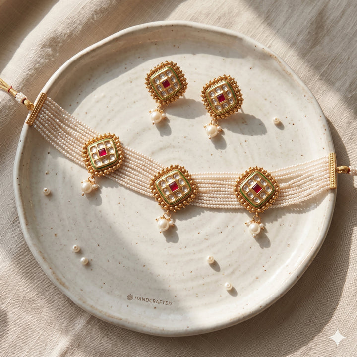 Traditional Ethnic Multi Strand Pearl Kundan Ruby Diamond Pendant Choker (Ceramic Tray Flatlay) | The Colourful Aura