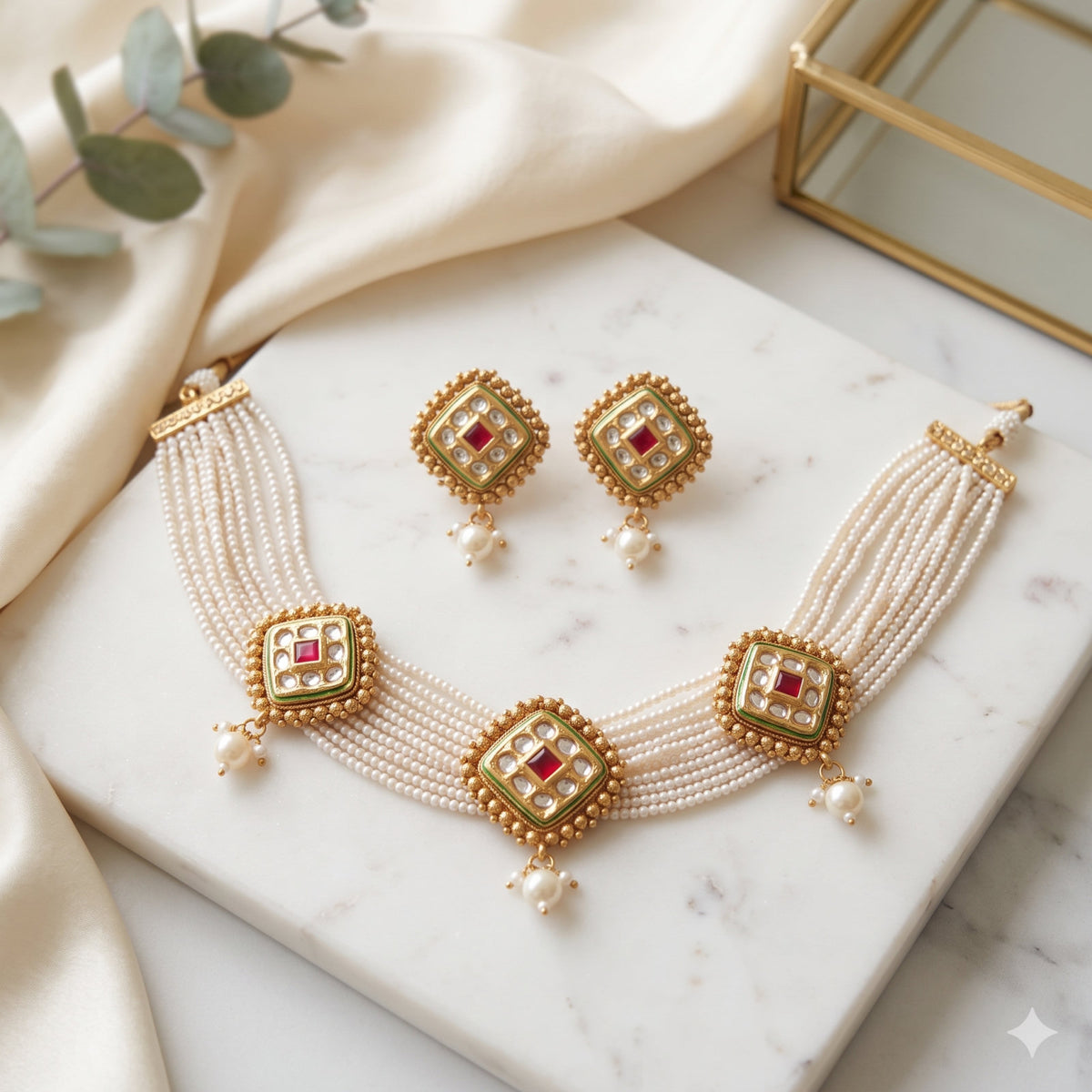 Traditional Ethnic Multi Strand Pearl Kundan Ruby Diamond Pendant Choker (Marble Flatlay) | The Colourful Aura