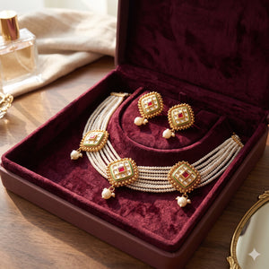 Traditional Ethnic Multi Strand Pearl Kundan Ruby Diamond Pendant Choker (Velvet Jewellery Box) | The Colourful Aura