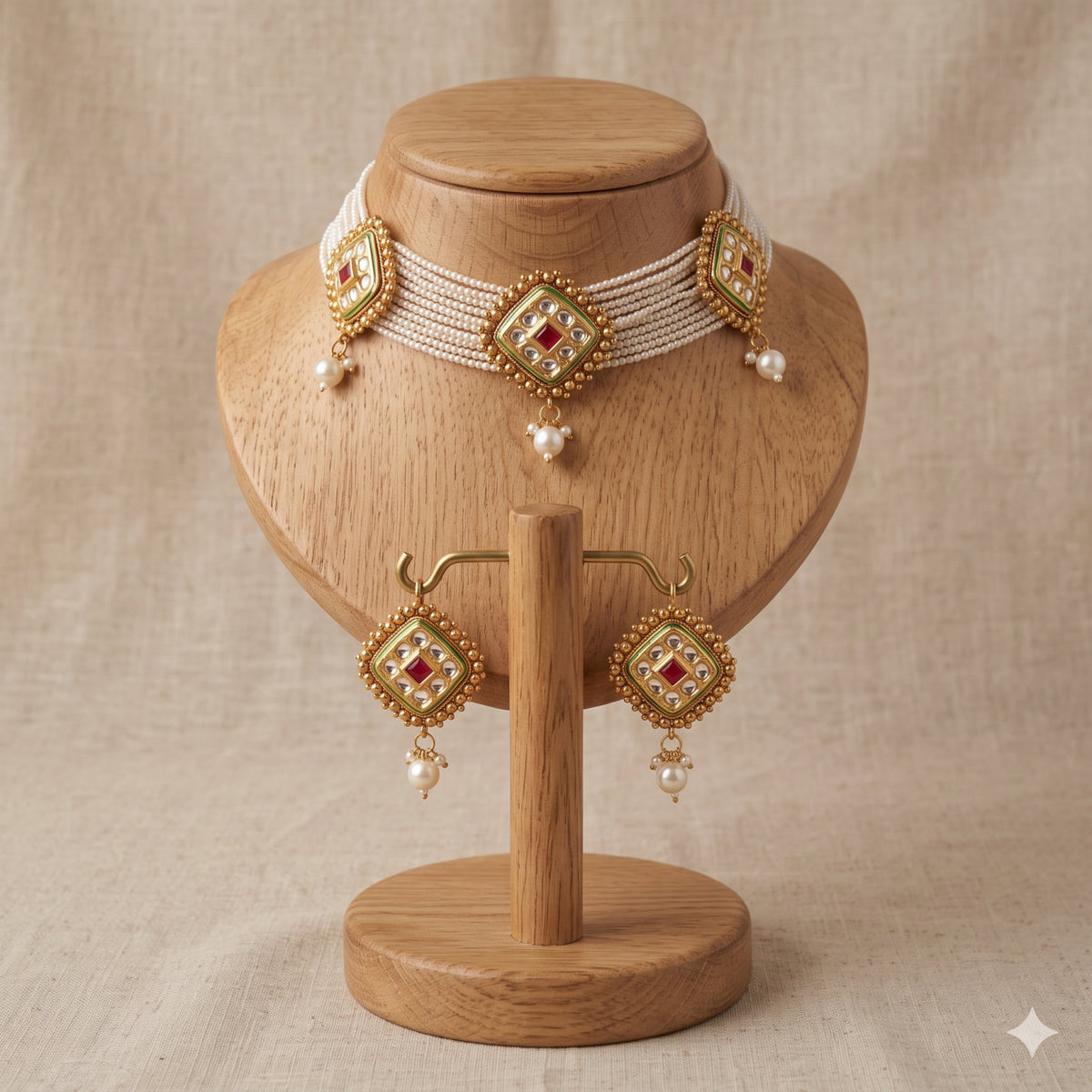 Traditional Ethnic Multi Strand Pearl Kundan Ruby Diamond Pendant Choker (Wooden Display Stand) | The Colourful Aura