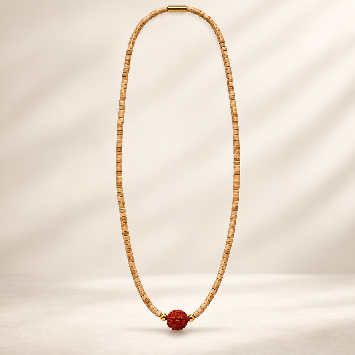Tulsi Wood & Rudraksha Beaded Necklace full length hanging view | The Colourful Aura