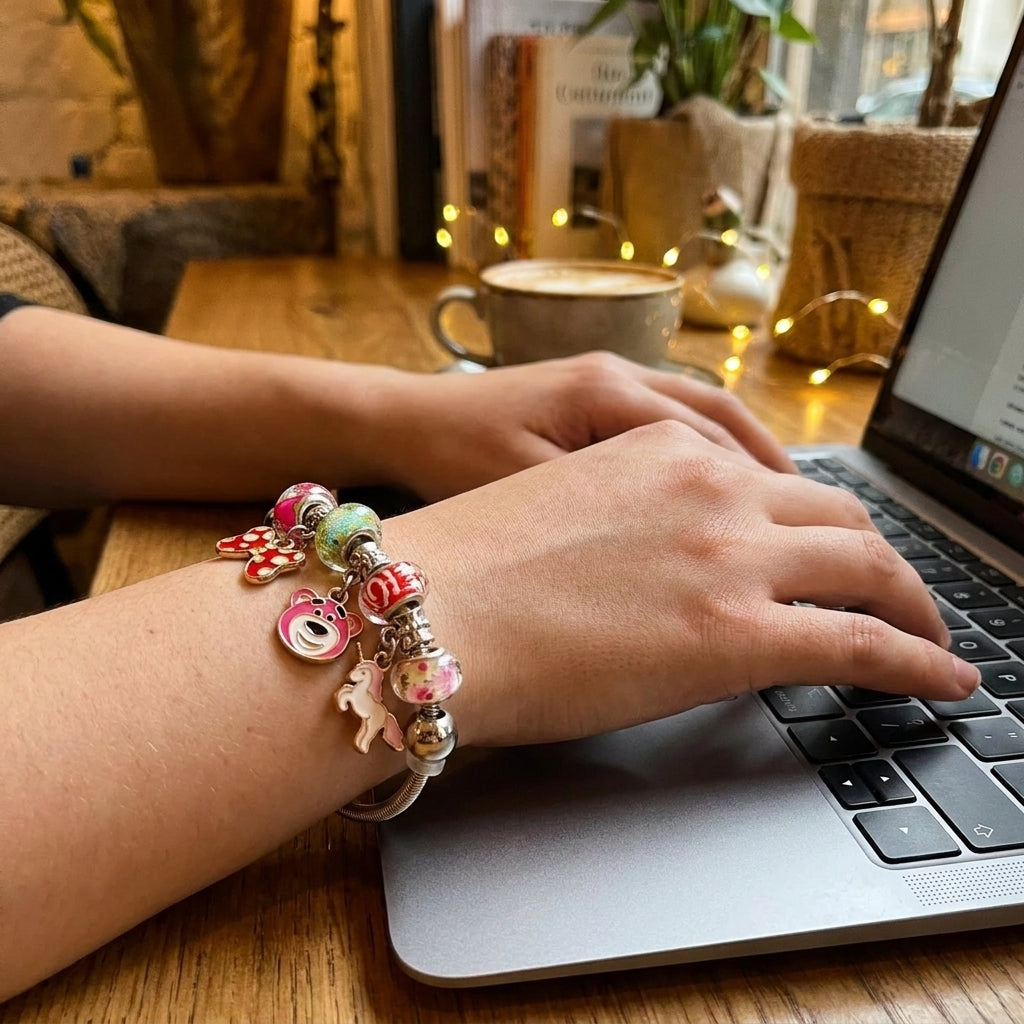 Unicorn Charm Dangle Silver Enamel Bangle Bracelet (Close-up Detail) | The Colourful Aura