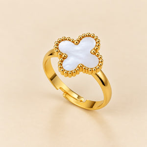 White Four Leaf Clover Adjustable Ring (Close-up Detail) | The Colourful Aura