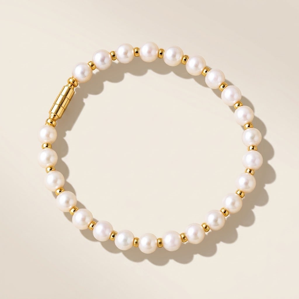 White Pearl Beaded Bracelet with Gold Screw Lock Clasp (Close-up Detail) | The Colourful Aura