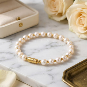 White Pearl Beaded Bracelet with Gold Screw Lock Clasp (Close-up Detail) | The Colourful Aura