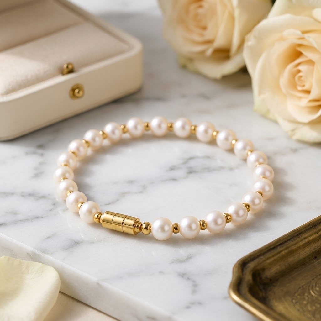 White Pearl Beaded Bracelet with Gold Screw Lock Clasp (Close-up Detail) | The Colourful Aura