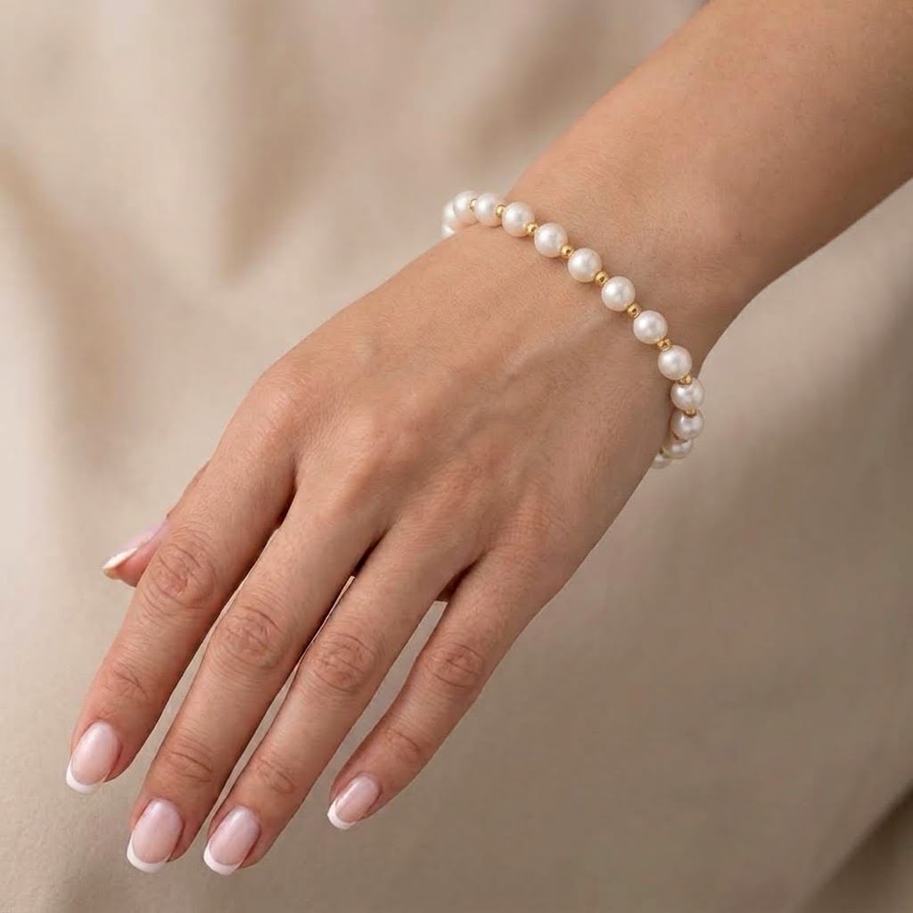 White Pearl Beaded Bracelet with Gold Screw Lock Clasp (Close-up Detail) | The Colourful Aura