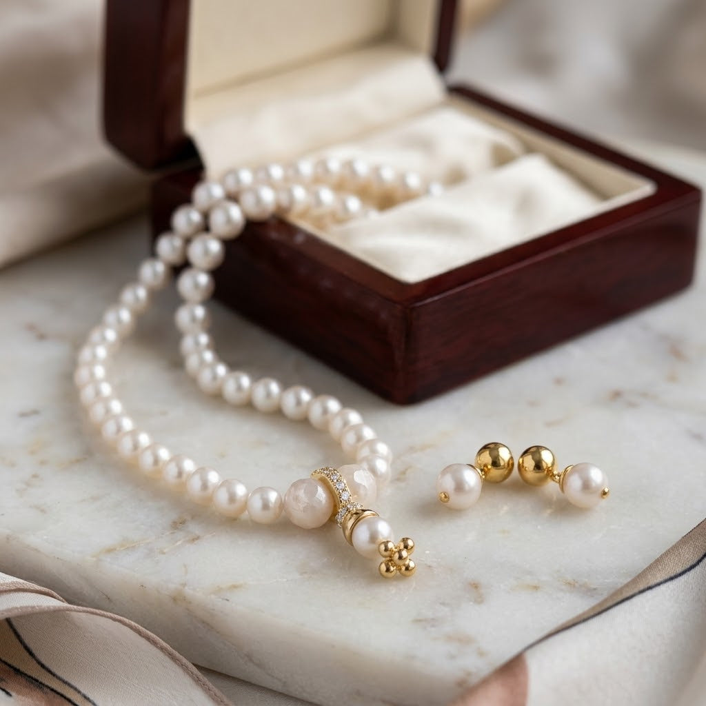 White Pearl Pink Quartz Necklace & Earring Set (Close-up Detail) | The Colourful Aura