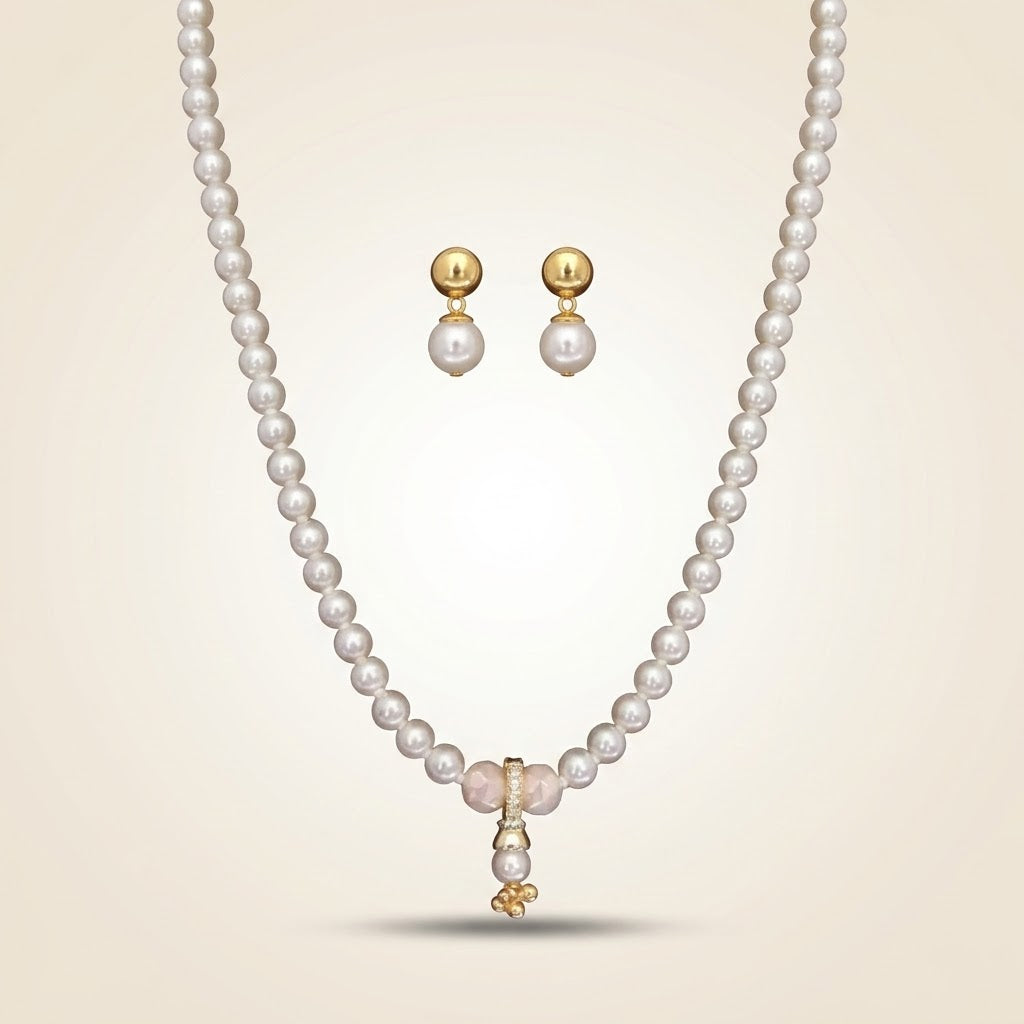 White Pearl Pink Quartz Necklace & Earring Set (Close-up Detail) | The Colourful Aura