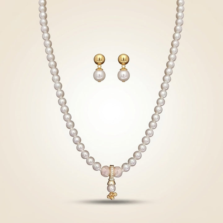 White Pearl Pink Quartz Necklace & Earring Set (Close-up Detail) | The Colourful Aura