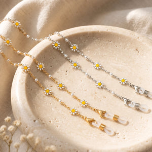 White Sun Flower Daisy Sunglass Reading Eyeglass Lanyard Pearl Chain Holder (Lifestyle Flatlay) | The Colourful Aura