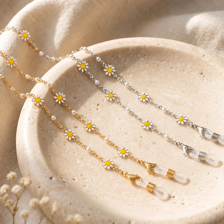 White Sun Flower Daisy Sunglass Reading Eyeglass Lanyard Pearl Chain Holder (Lifestyle Flatlay) | The Colourful Aura