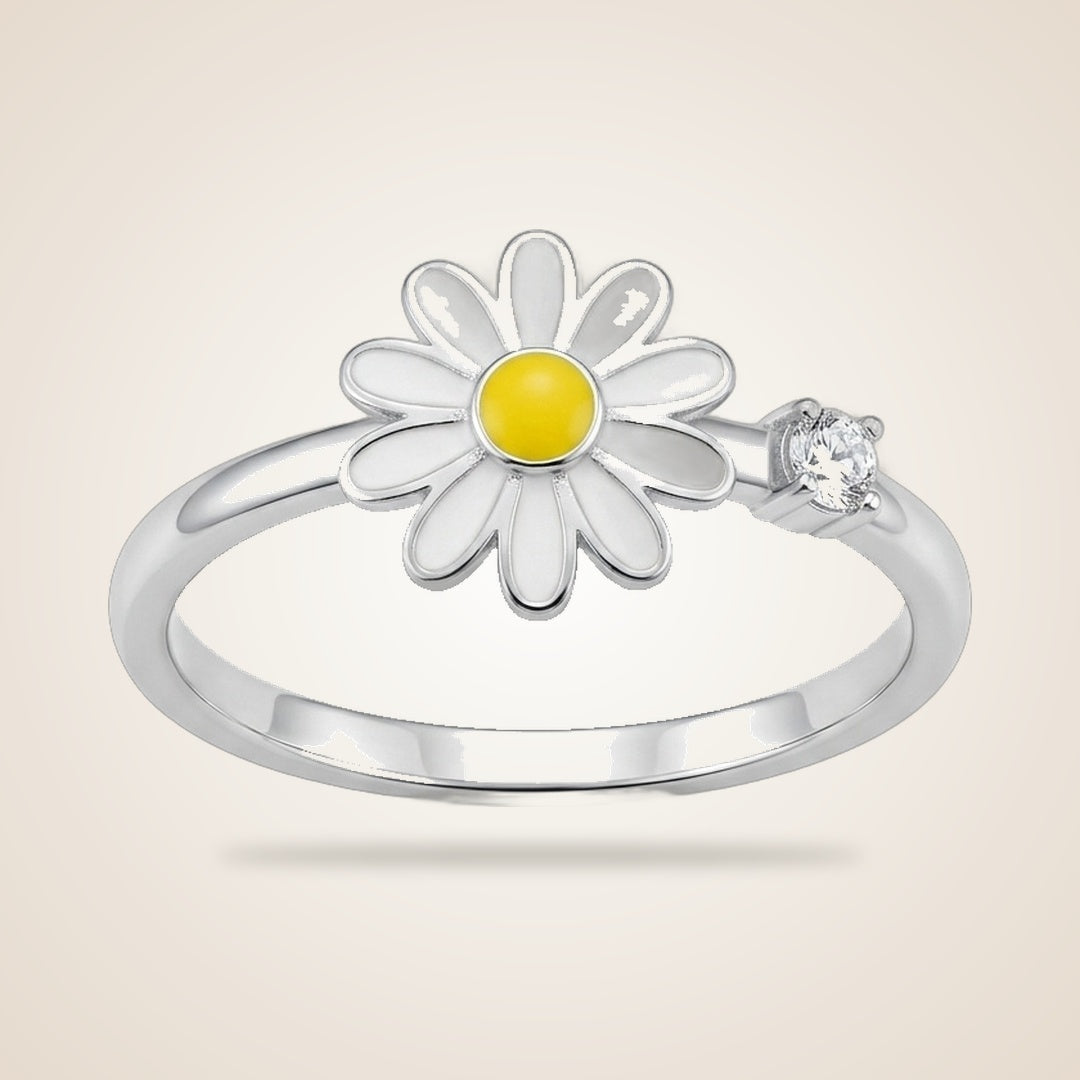 Yellow Rotating Sunflower Meditation Fidget Daisy Dainty Floral Ring in White | Boho Jewellery UK | The Colourful Aura