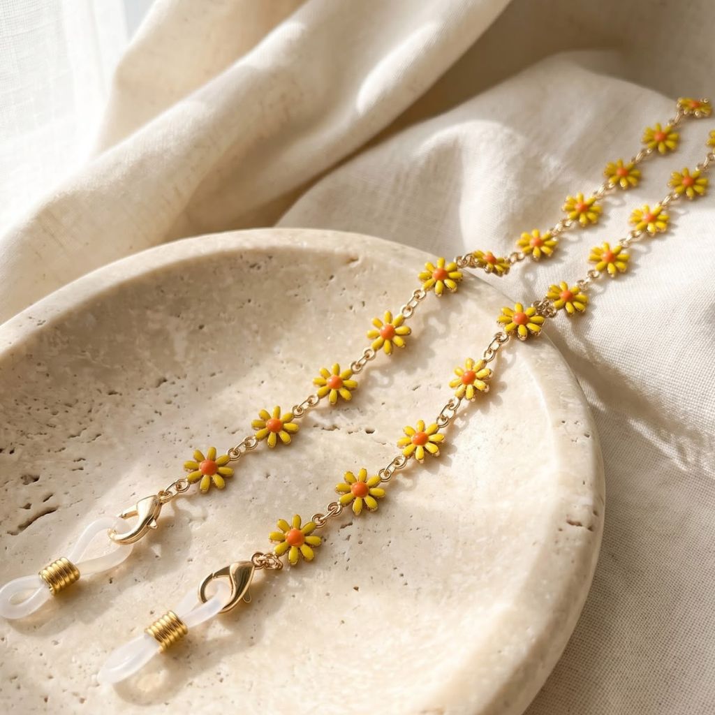 Yellow Floral Reading EyeGlass Detachable Glass Chain Sun Flower Holder Lanyard (Lifestyle Flatlay) | The Colourful Aura