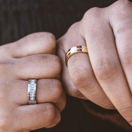 Silver Gold Couple Wedding Promise Band Ring Set