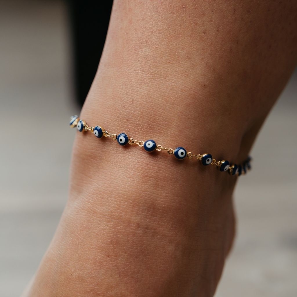 Golden Blue Evil Eye Protection Charm Adjustable Turkish Beaded Payal Anklet — Boho Jewellery UK | The Colourful Aura