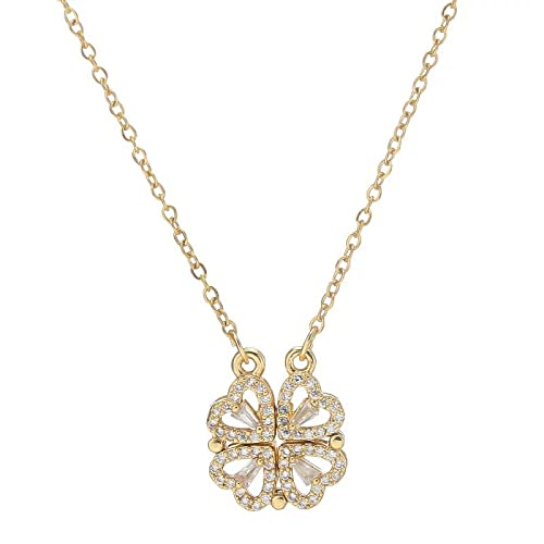 Four Heart Magnet Foldable Floral Zircon Crystal Pendant Necklace