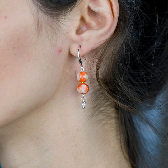 Colourful Orange Double Marble Pearl Double Simple Pearl Dangle Dainty Earrings