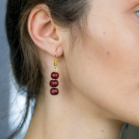 Three Red Sandalwood Lightweight Pearl Drop Simple Dangle Hook Earrings — Boho Jewellery UK | The Colourful Aura