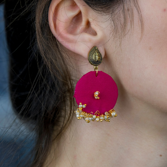 Pink Handmade Round Fabric Boho Poth White Pearl Asian Jhumka Drop Earrings