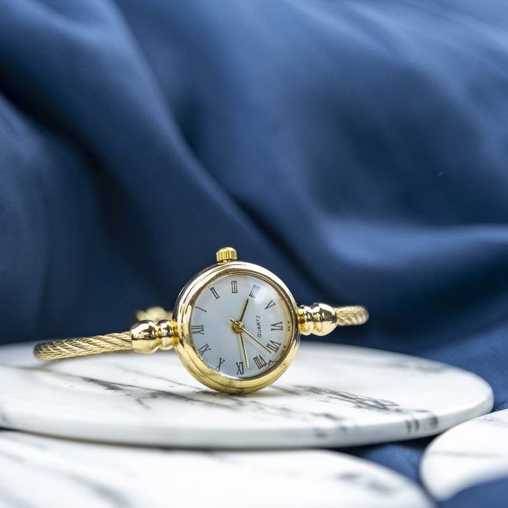 Gold Silver Stainless Steel Roman White Dial Bangle Adjustable Bracelet Watch (Close-up Detail) | The Colourful Aura