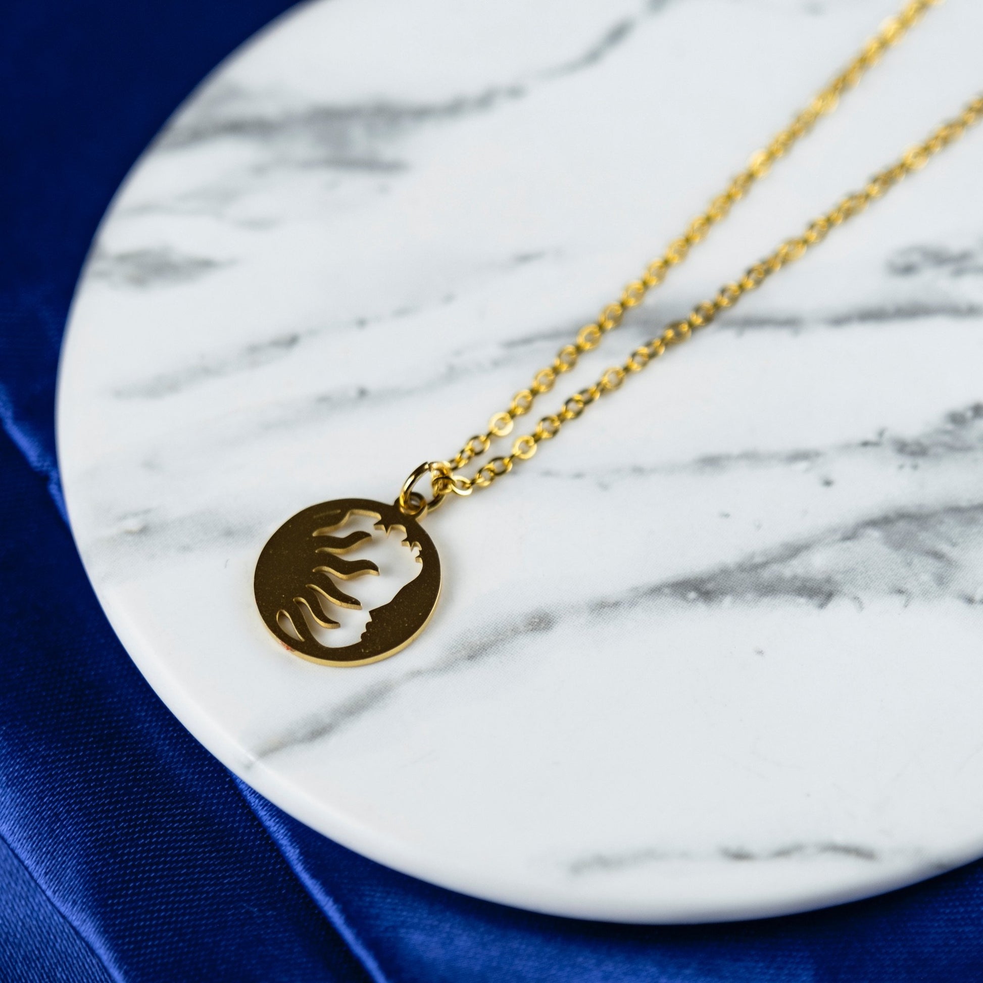 Stainless Steel Gold Sun Moon Small Round Disc Pendant Necklace