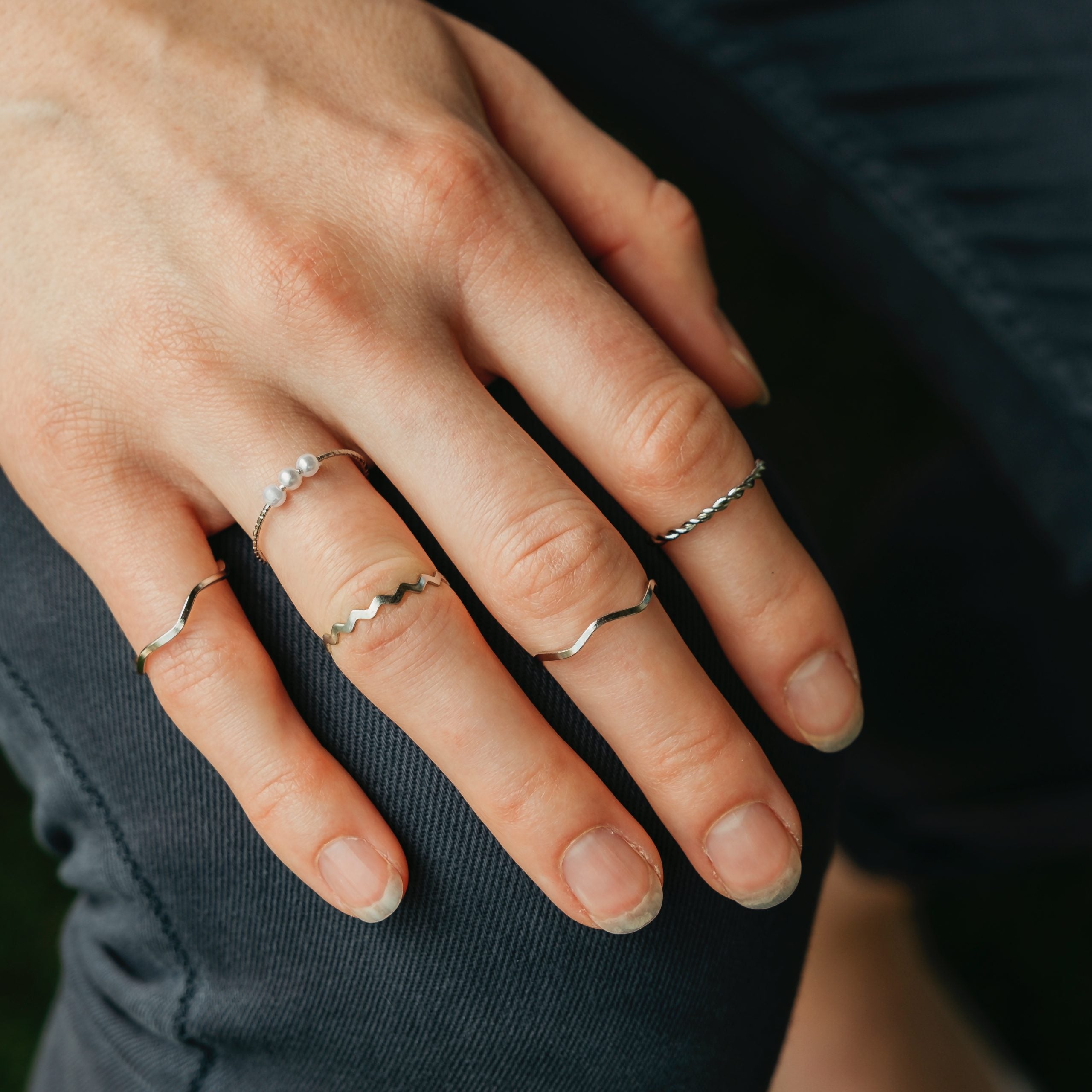 5 Piece Slim Silver Bohemian Pearl Tribal midi Stackable Ring Set