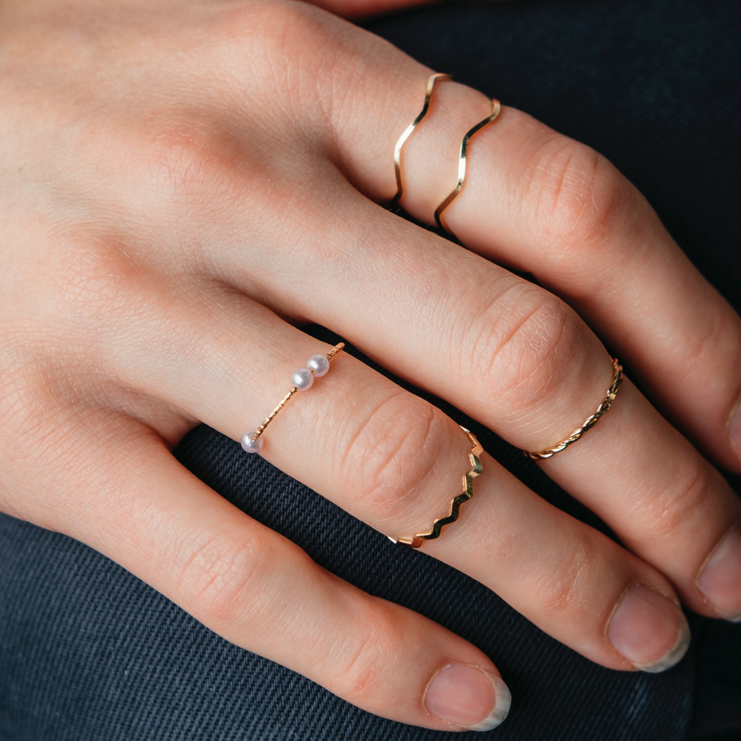 5 Piece Slim Silver Bohemian Pearl Tribal midi Stackable Ring Set