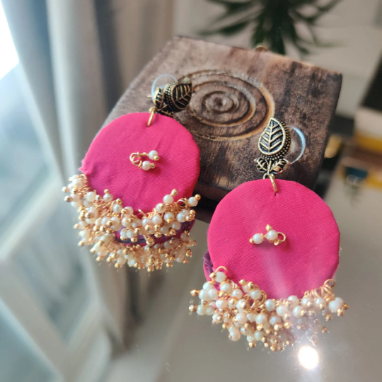 Pink Handmade Round Fabric Boho Poth White Pearl Asian Jhumka Drop Earrings