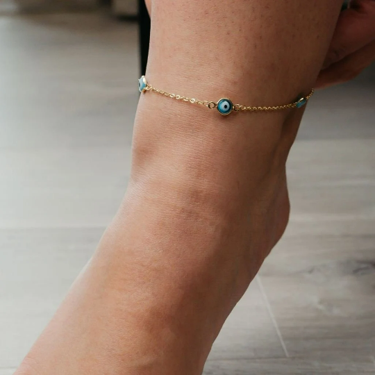 Golden Evil Eye Minimalist Adjustable Turkish Protection Foot Anklet — Boho Jewellery UK | The Colourful Aura