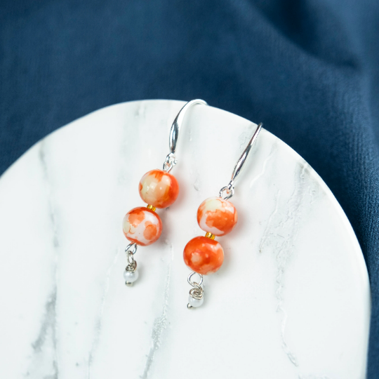Colourful White Double Marble Pearl Double Simple Pearl Dangle Dainty Earrings