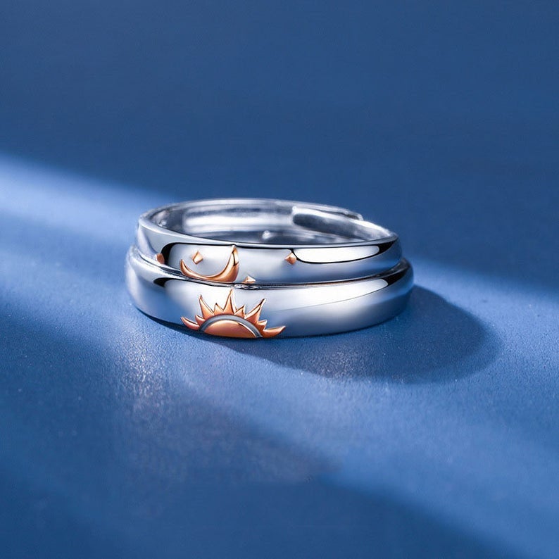 Moon and Sun Adjustable Silver Couple Promise his and hers Rings