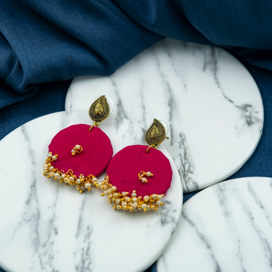 Pink Handmade Round Fabric Boho Poth White Pearl Asian Jhumka Drop Earrings