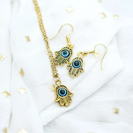 Hamsa Evil Eye Fatima Hand Dangle Drop Pendant Necklace