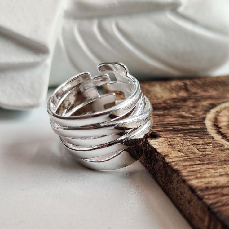 Wide Silver Thumb Punk Vintage Multilayer Twisted Statement Weaving Ring