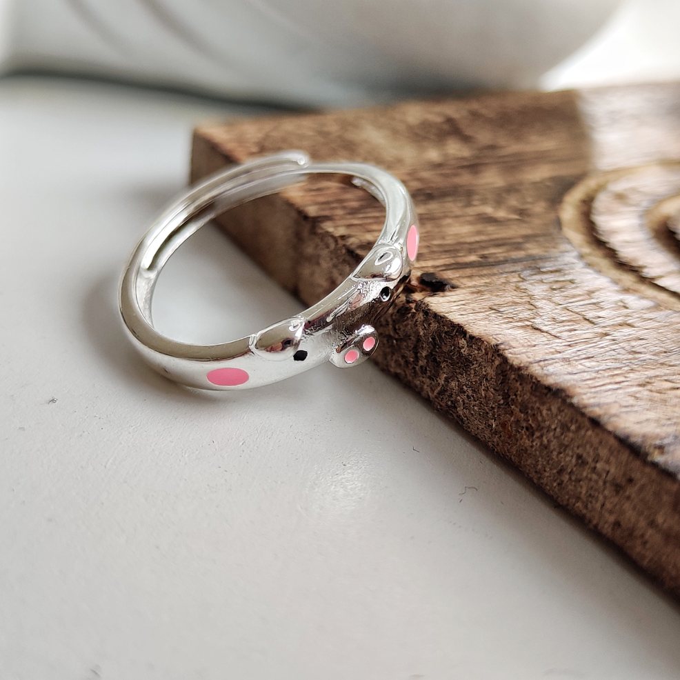 Pink Pig Minimalist Tiny Silver Adjustable Animal Slim Band Ring