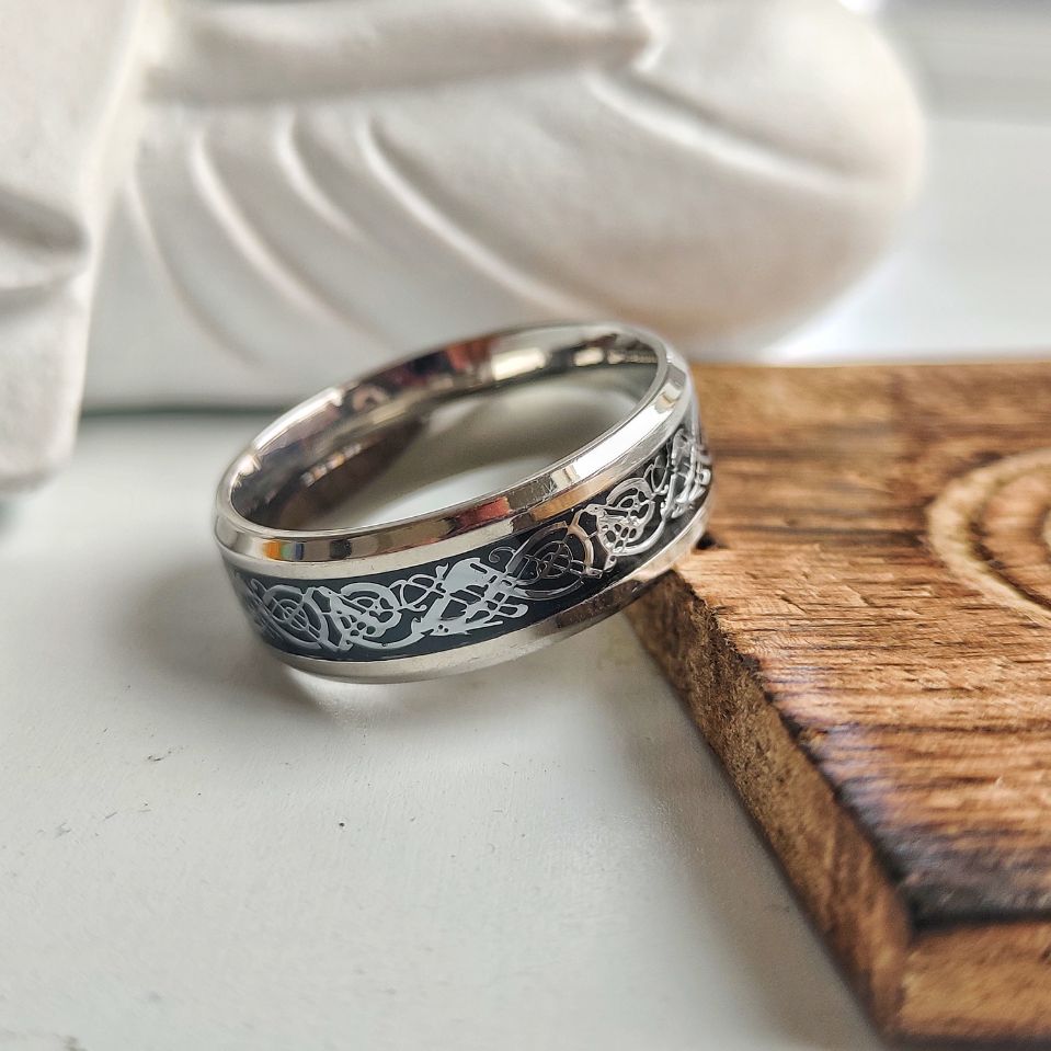 Tungsten Dragon Unisex Pattern Steel Thick cuff silver band ring
